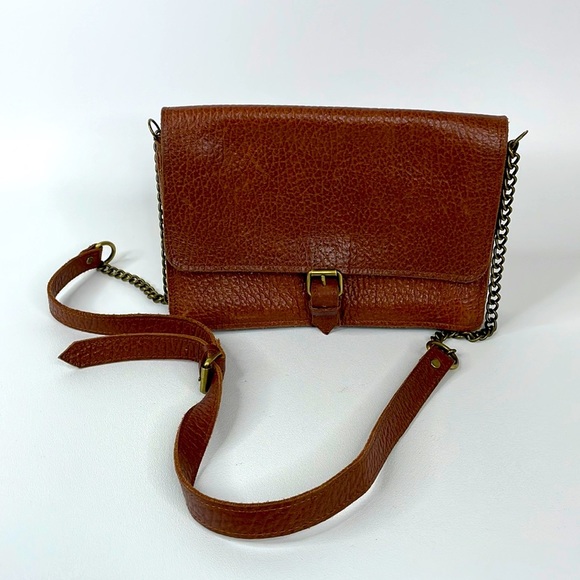POLDER Pebbled Leather Crossbody Bag Saddle Brown Cognac Chain Buckle - Picture 1 of 13